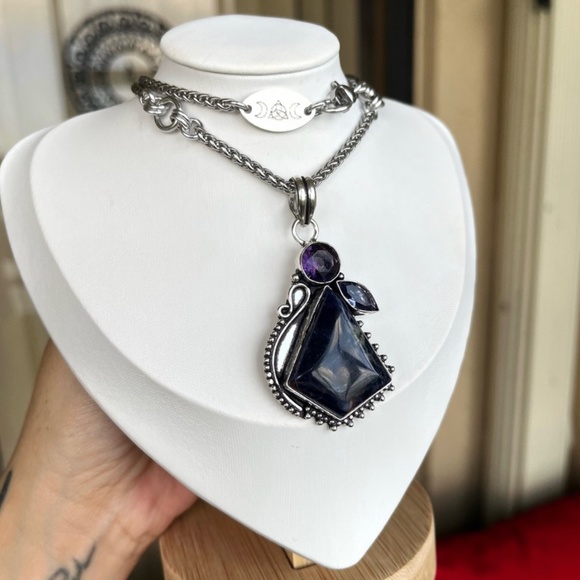 925 Sterling silver overlay amethyst & dark blue sodalite gem boho necklace - Picture 8 of 9